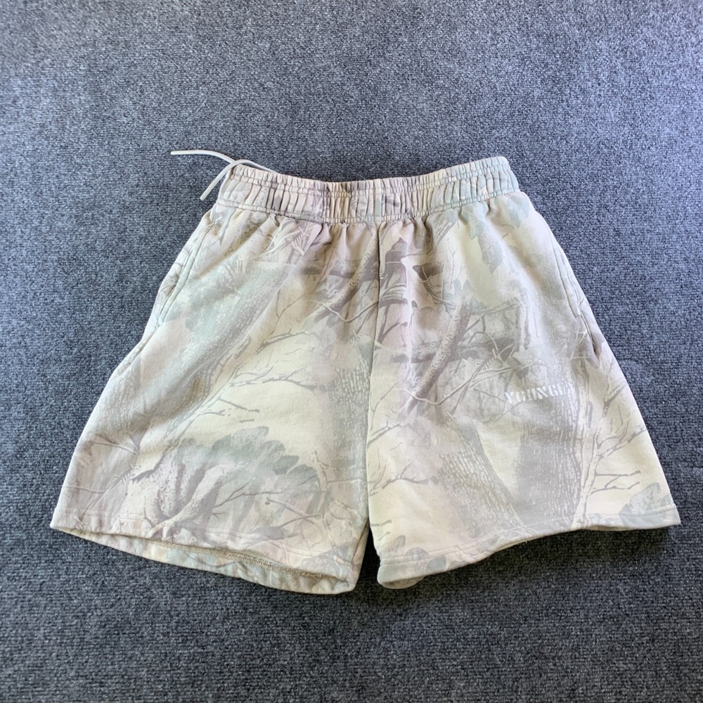 YoungLA 1076 Shorts Mens XL Beige Tree Camo Logo Cotton Terry Fleece Drawstring